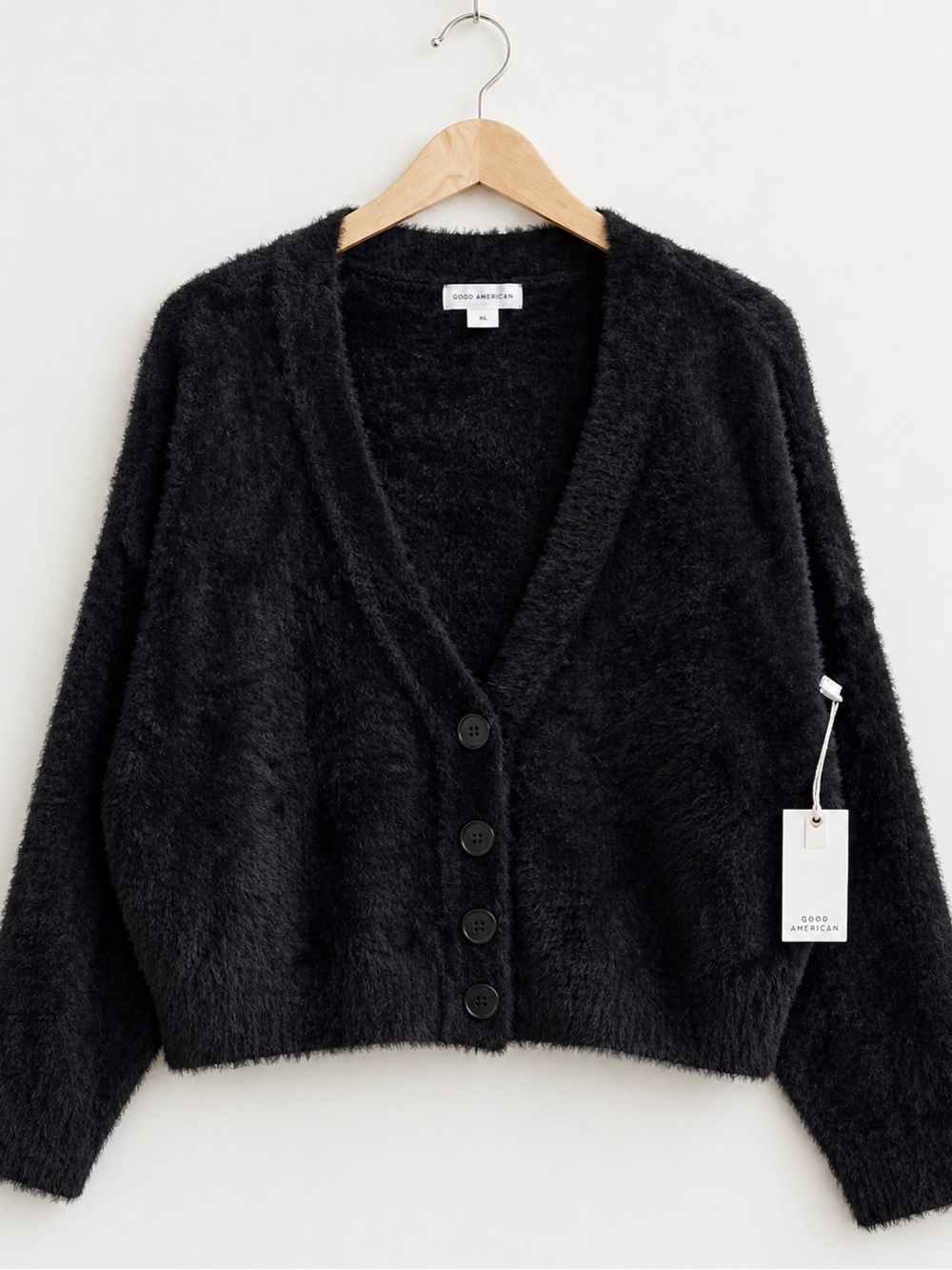 Good American Fuzzy Cropped Cardigan Sweater XL NWT Soft Plush Black
